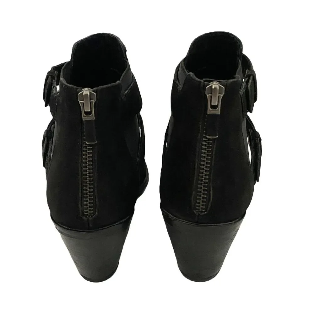 Eileen Fisher Dusk Tumbled Nubuck Black Peep Toe Booties Leather Sandals Zip 10